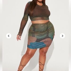 Fashion Nova Plus Size Mini Skirt Set - Green Brown Blue